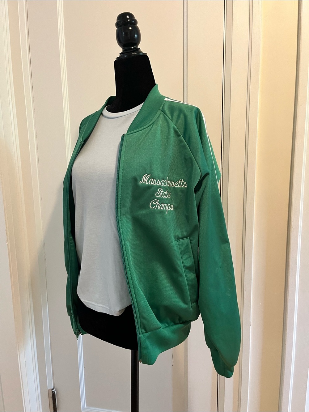Vintage Green Embroidered Shiny Fleece Bomber Jacket